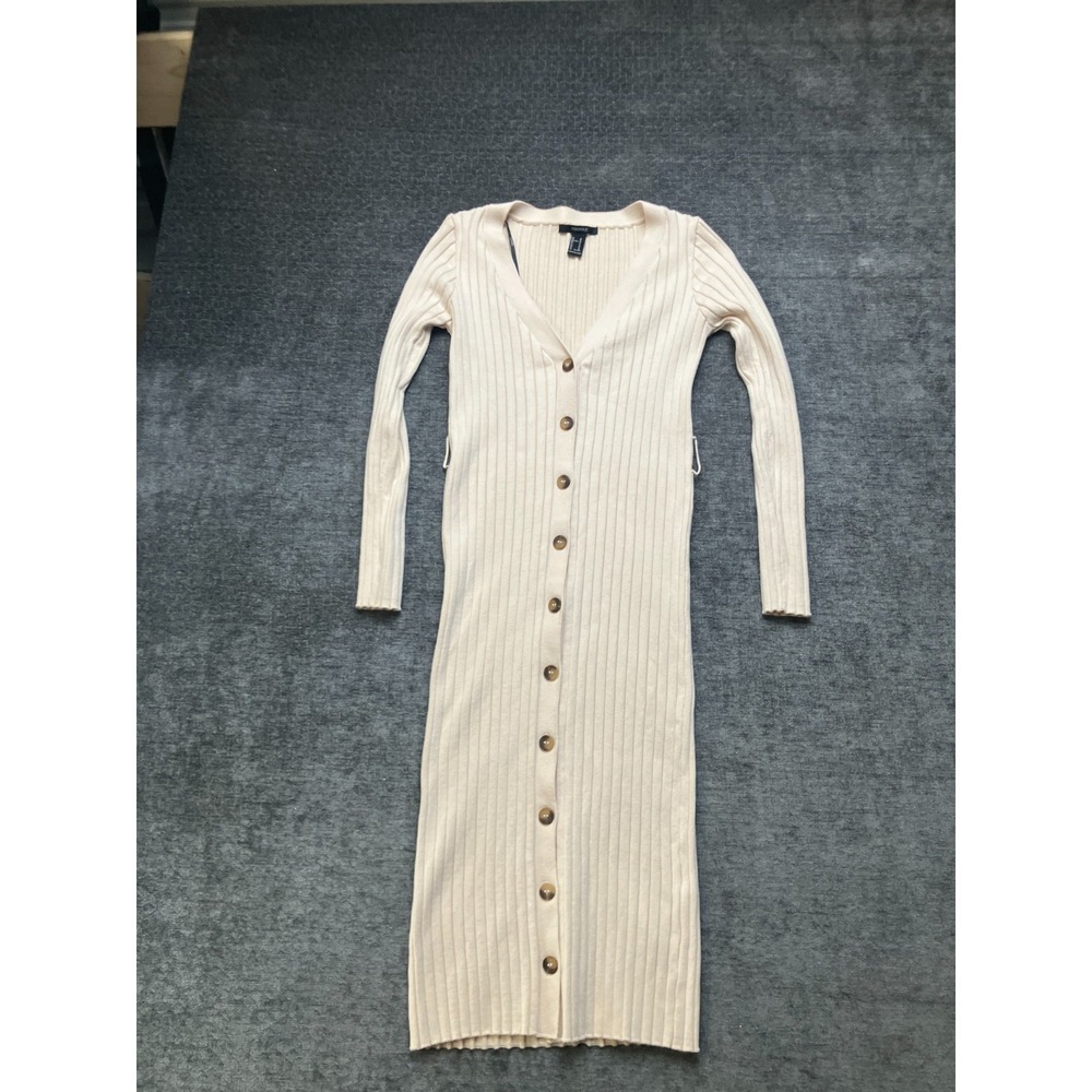 Forever 21‎ Sweater Dress Womens Medium Ivory Ribbed Knit V Neck Button Front - Picture 7 of 13